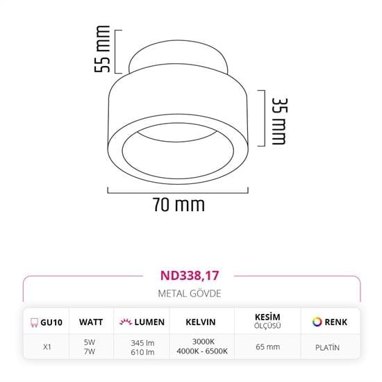 Moda Aydınlatma Sıva Altı Led Spot Platin MD-D 2102-17