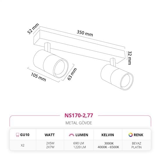 Moda Aydınlatma Sıva Üstü İkili Led Spot Beyaz Platin MD-S 3053-77