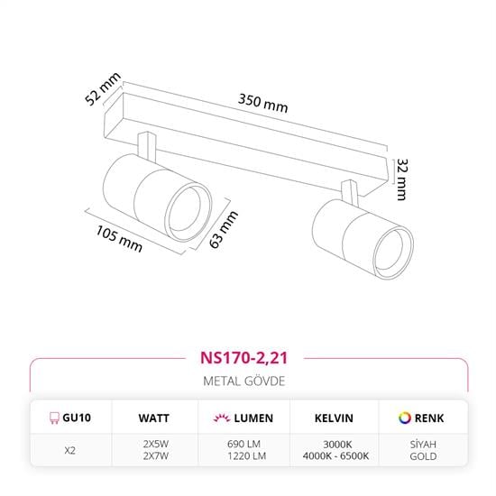 Moda Aydınlatma Sıva Üstü İkili Led Spot Siyah Gold MD-S 3052-21
