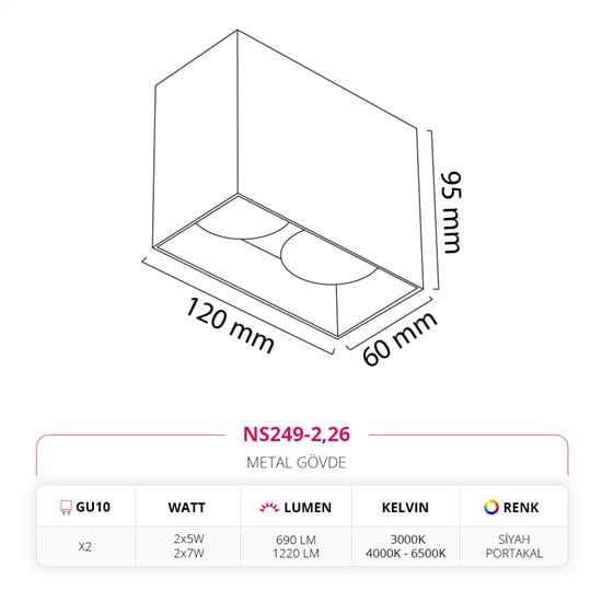 Moda Aydınlatma Sıva Üstü İkili Led Spot Siyah Portakal MD-S 3118-26