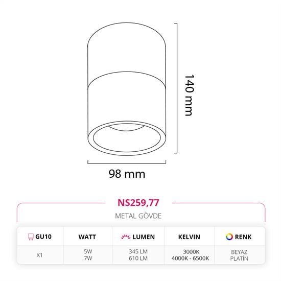 Moda Aydınlatma Sıva Üstü Led Spot Beyaz Platin MD-S 3134-77
