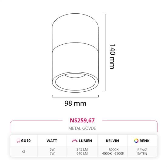 Moda Aydınlatma Sıva Üstü Led Spot Beyaz Saten MD-S 3146-67