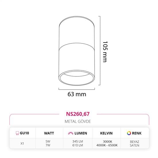 Moda Aydınlatma Sıva Üstü Led Spot Beyaz Saten MD-S 3139-67