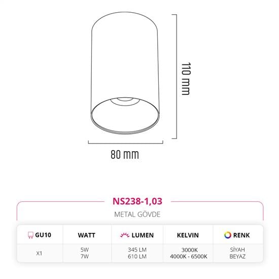 Moda Aydınlatma Sıva Üstü Led Spot Beyaz Siyah MD-S 3073-03