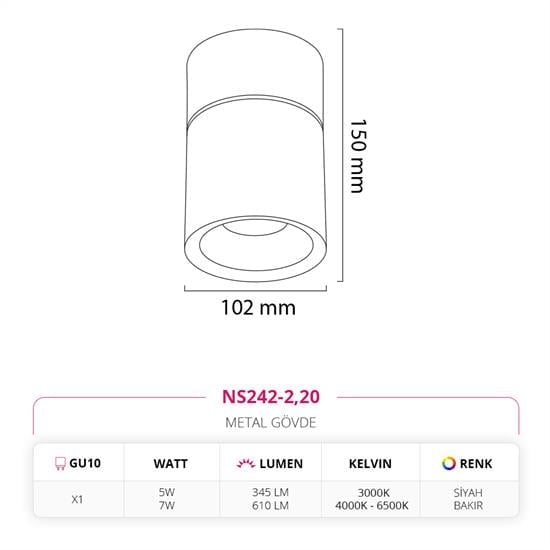 Moda Aydınlatma Sıva Üstü Led Spot Siyah Bakır MD-S 3096-20