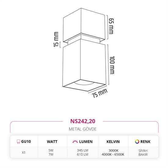 Moda Aydınlatma Sıva Üstü Led Spot Siyah Bakır MD-S 3090-20