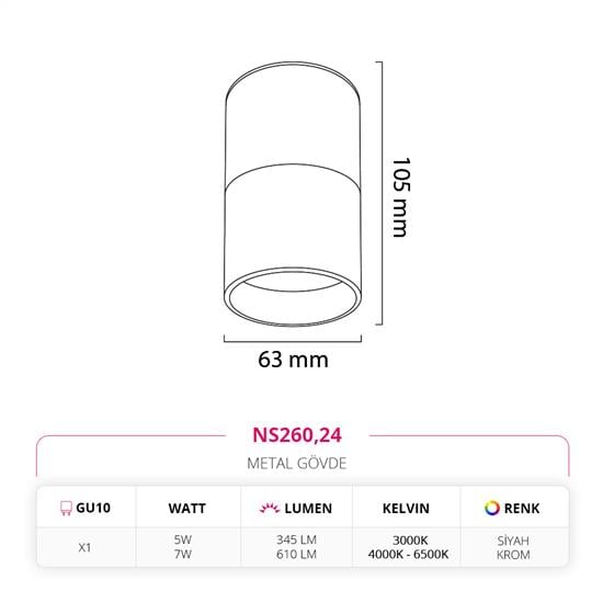 Moda Aydınlatma Sıva Üstü Led Spot Siyah Krom MD-S 3138-24