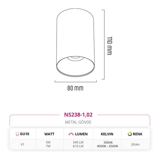 Moda Aydınlatma Sıva Üstü Led Spot Siyah MD-S 3072-02