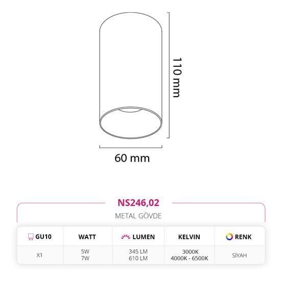 Moda Aydınlatma Sıva Üstü Led Spot Siyah MD-S 3103-02