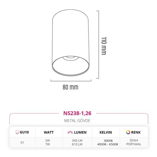 Moda Aydınlatma Sıva Üstü Led Spot Siyah Portakal MD-S 3075-26