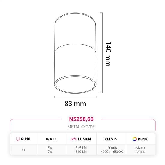 Moda Aydınlatma Sıva Üstü Led Spot Siyah Saten MD-S 3146-66
