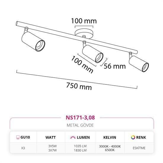 Moda Aydınlatma Sıva Üstü Üçlü LED Spot Eskitme MD-S 3057-08