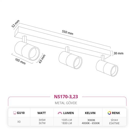 Moda Aydınlatma Sıva Üstü Üçlü Led Spot Siyah Eskitme MD-S 3054-23
