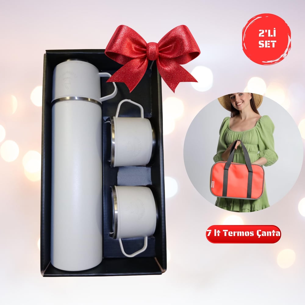 2li Set-Paslanmaz Çelik 3 Bardaklı Matara Seti-500 ml-7 Lt Termos Çanta