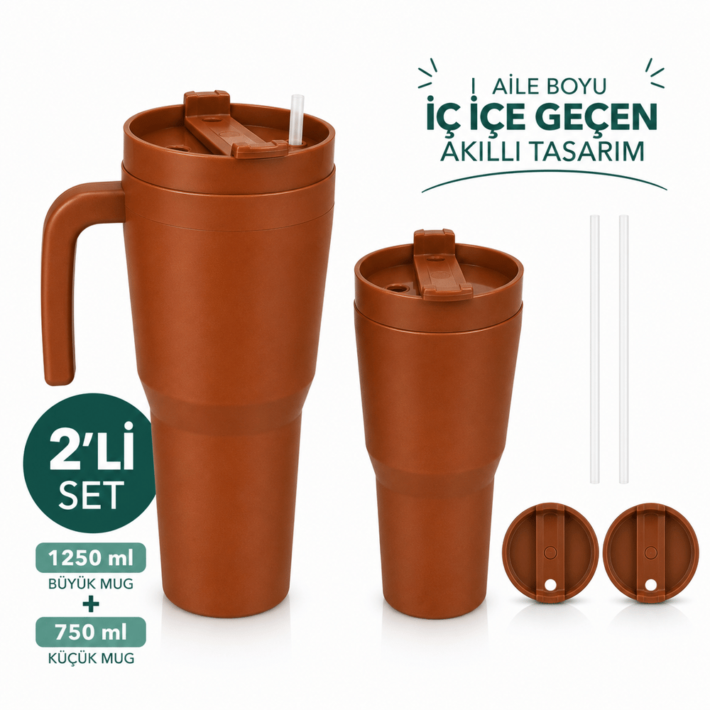 Kale Sippro Mug İç İçe Geçen 2'li Pipetli Suluk Seti 1250 ml + 750 ml