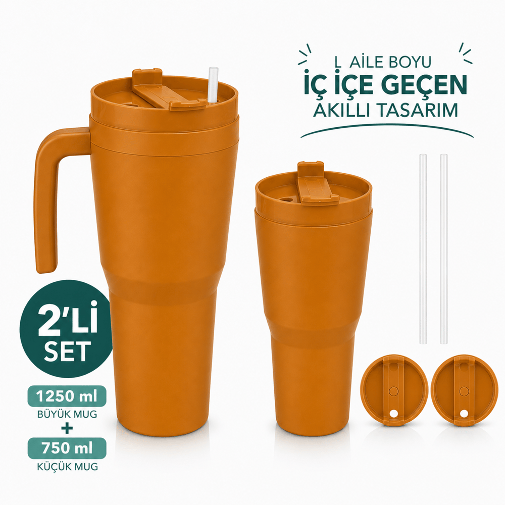 Kale Sippro Mug İç İçe Geçen 2'li Pipetli Suluk Seti 1250 ml + 750 ml