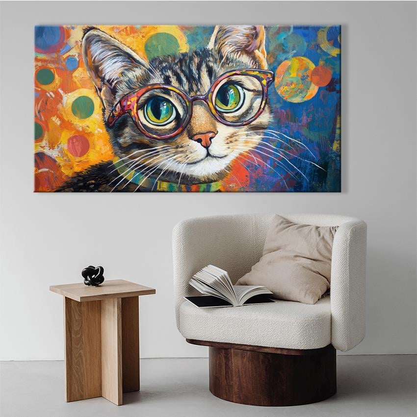 Gözlüklü Kedi | Yağlı boya Dokulu Kanvas Baskı