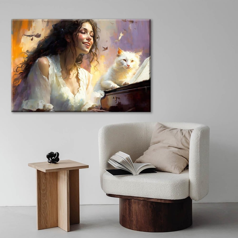 Kedi ve Mutluluk  | Yağlı boya Dokulu Kanvas Baskı