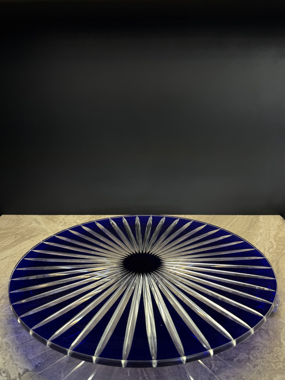 Düz Cam Tabak Kristal Top Ayaklı 35 Cm Dik Kesme Mavi
