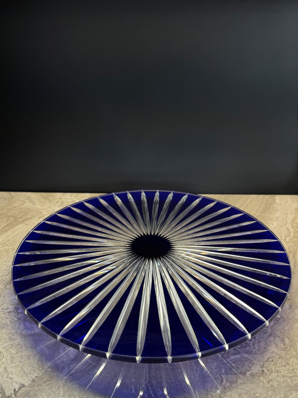 Düz Cam Tabak Kristal Top Ayaklı 35 Cm Dik Kesme Mavi