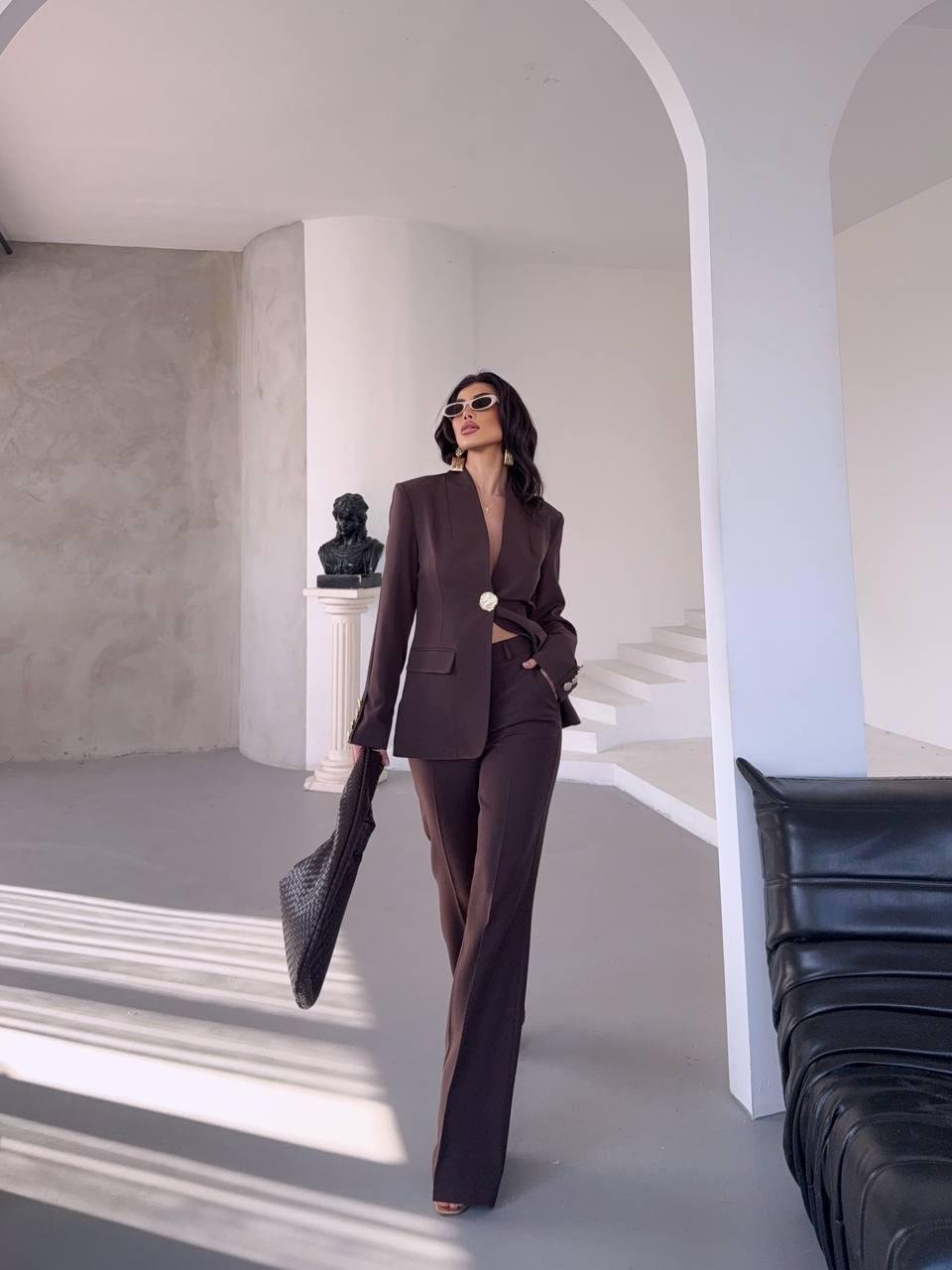  Kahverengi Gold Düğmeli Ceket Pantolon Blazer Takım