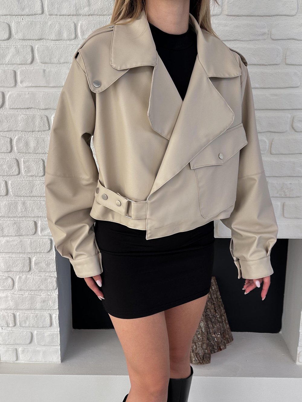 Bej Yeni Sezon Oversize Deri Ceket