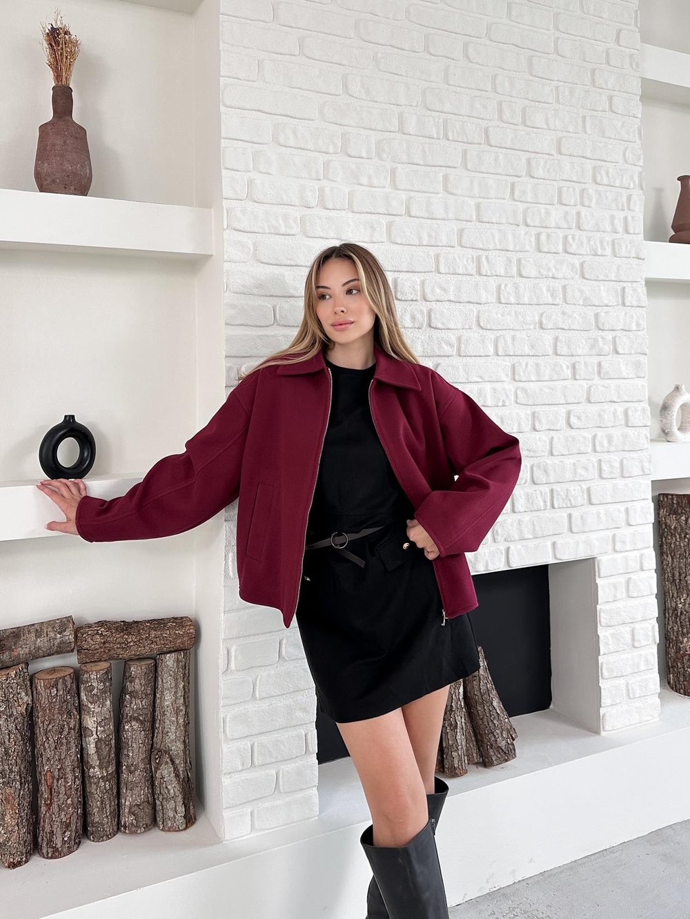 Bordo Bomber Fermuarlı Buklet Ceket