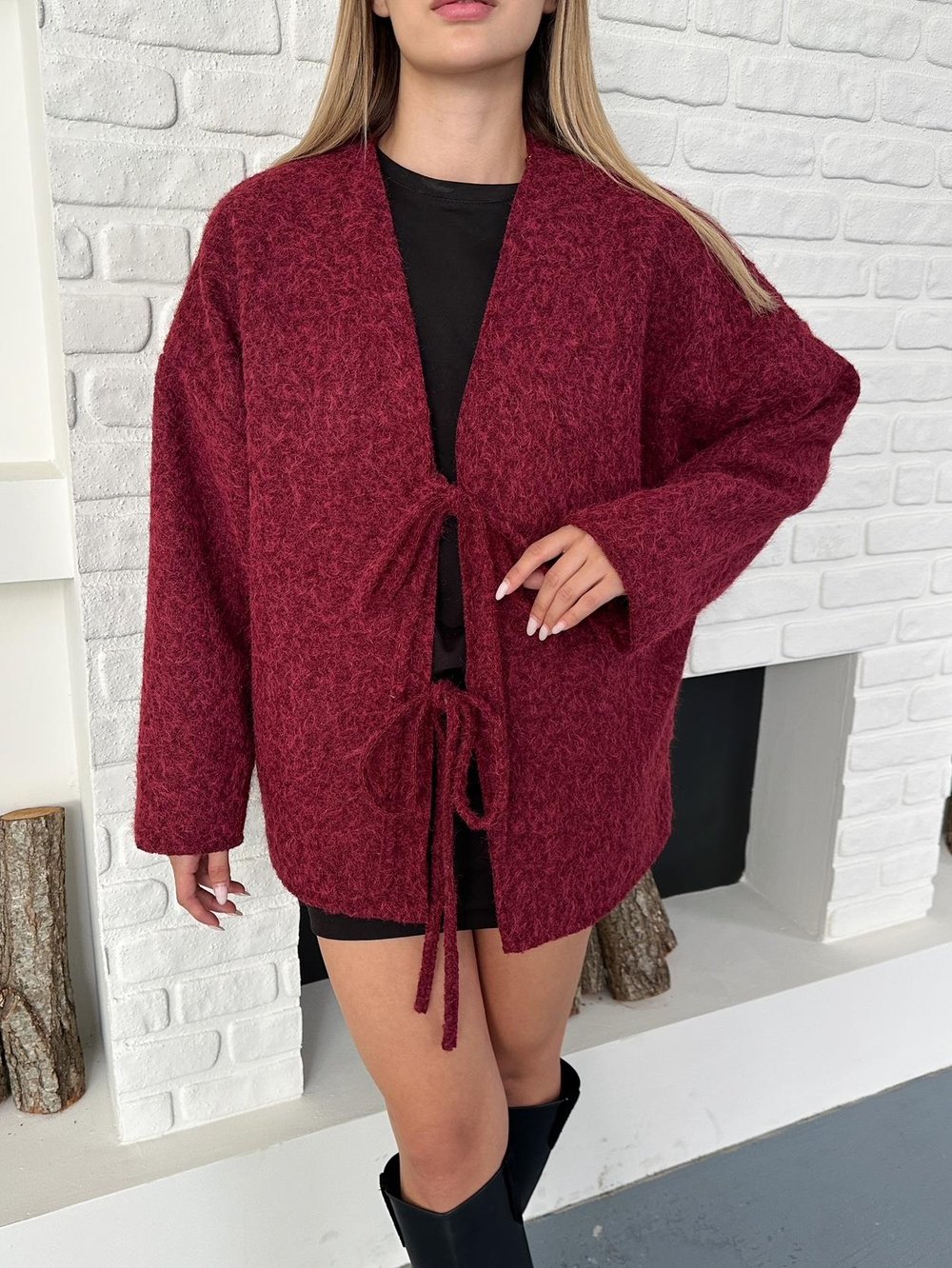 Bordo Çift Bağcıklı Kırçıllı Ceket