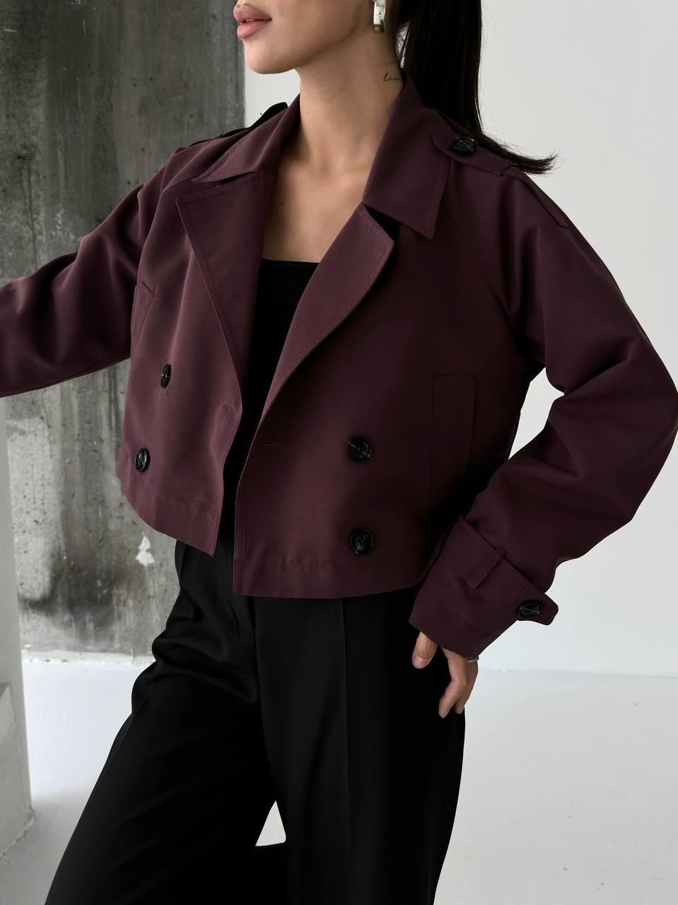 Bordo Düğmeli Kruvaze Crop Trençkot