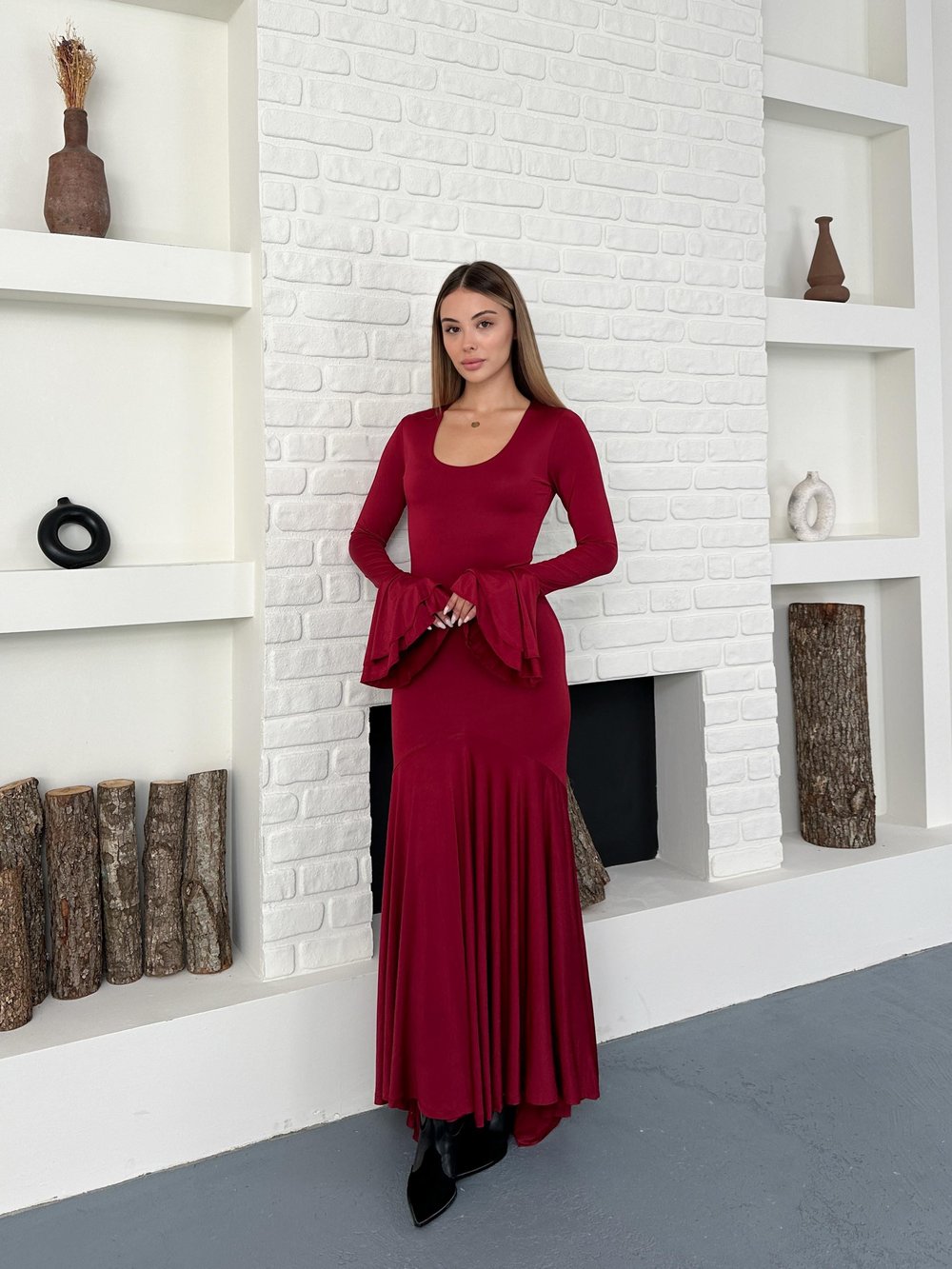Bordo İspanyol Kol U Yaka Sandy Maxi Elbise
