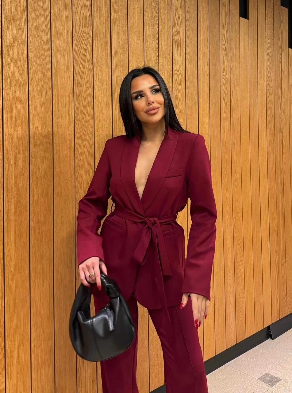 Bordo Kuşaklı Blazer Takım