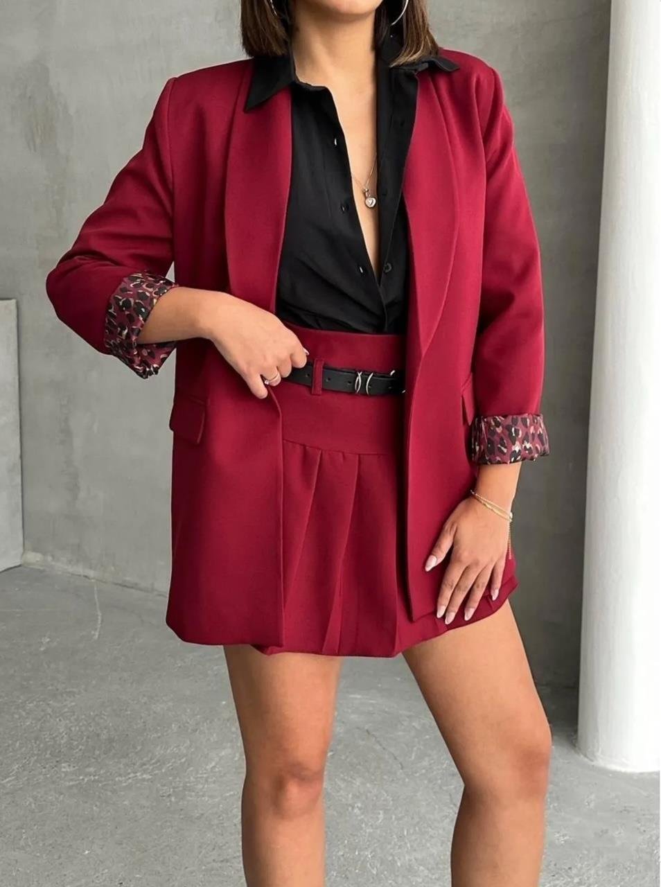 Bordo Leopar Astarlı Blazer Ceket