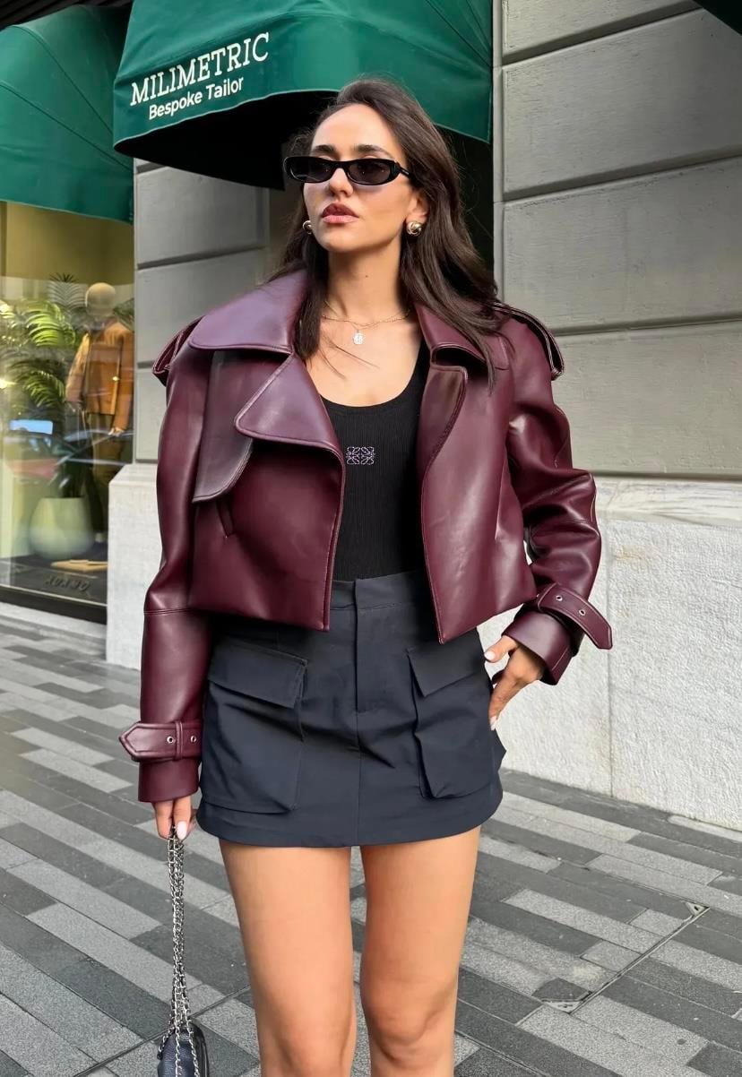 Bordo Tasarım Crop Deri Ceket 