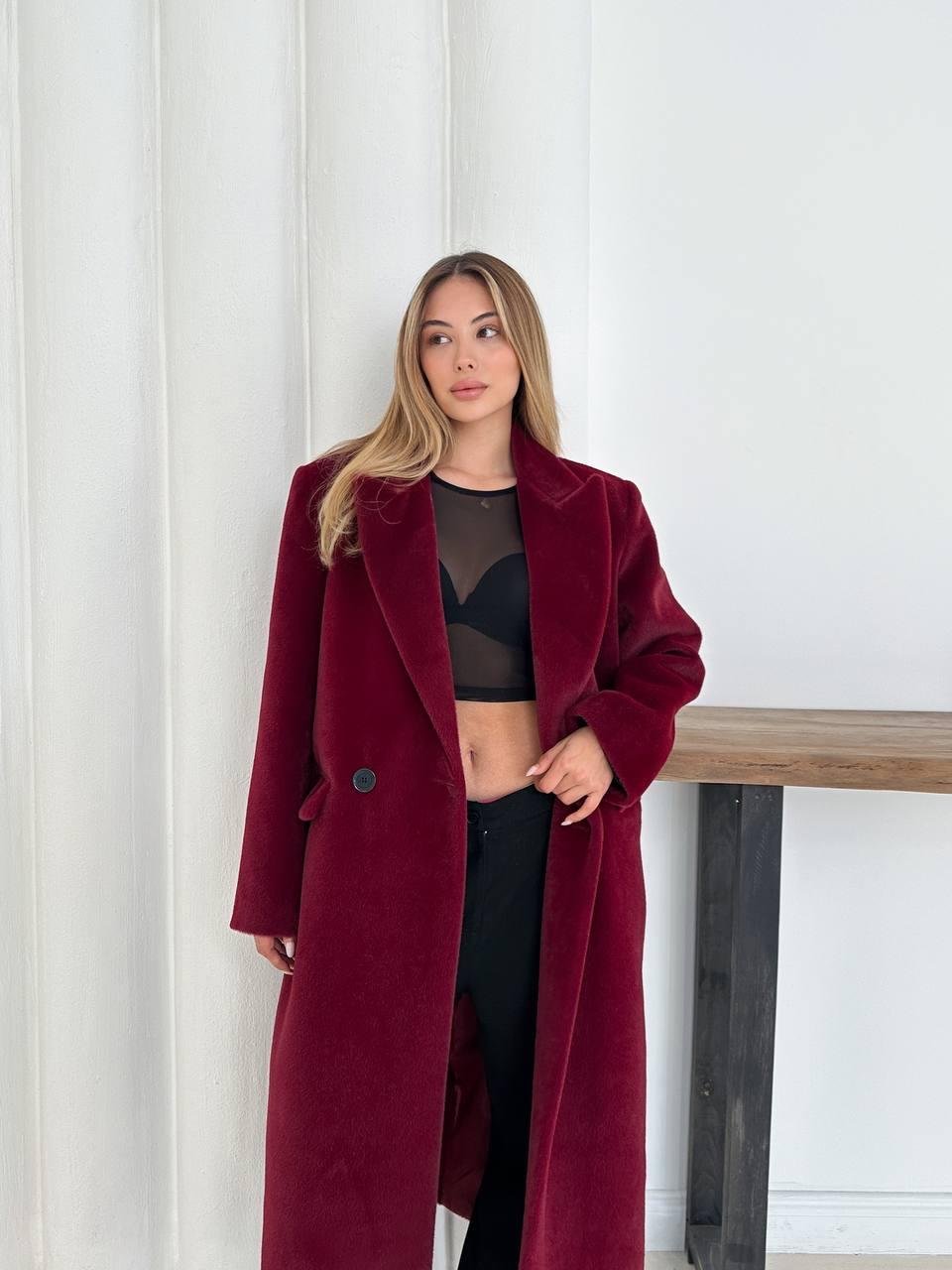 Bordo Yumuşak Kaşmir Dokulu Maskülen Maxi Kaban