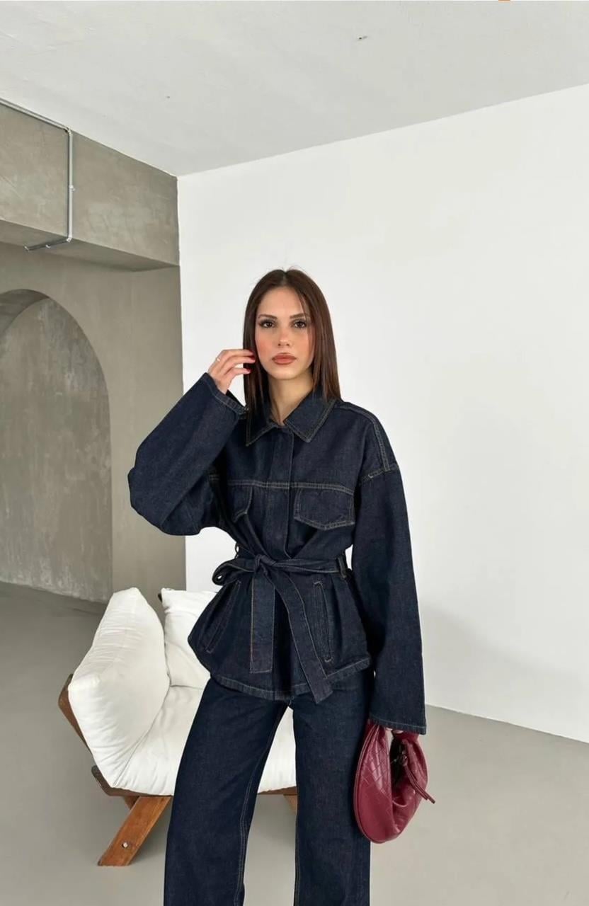 Denim Kuşaklı Oversize Takım
