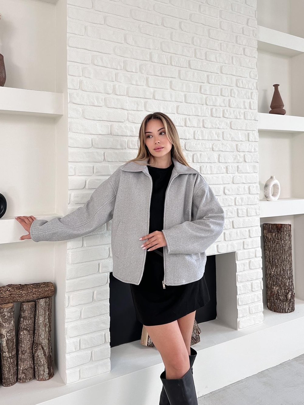 Gri Bomber Fermuarlı Buklet Ceket