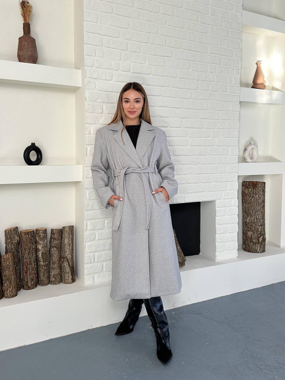 Gri Kuşaklı Astarlı Maxi Boy Kaşe Kaban