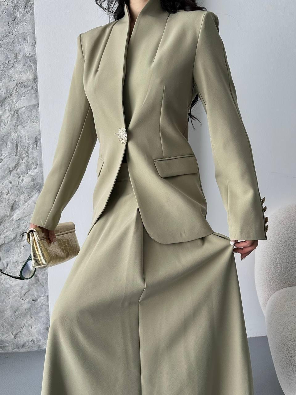 Haki Gold Düğmeli Ceket Etek Blazer Takım