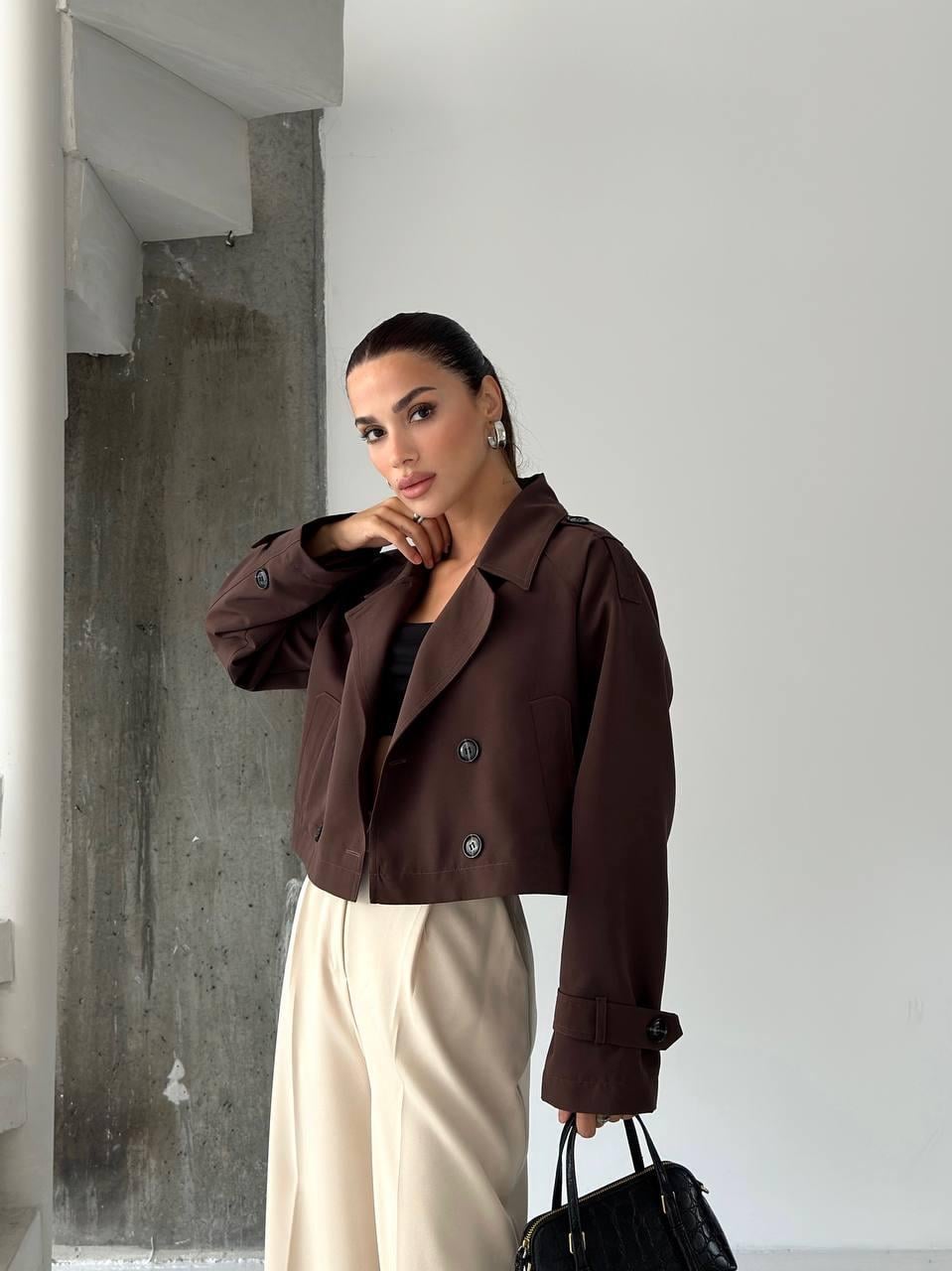 Kahverengi Düğmeli Kruvaze Crop Trençkot