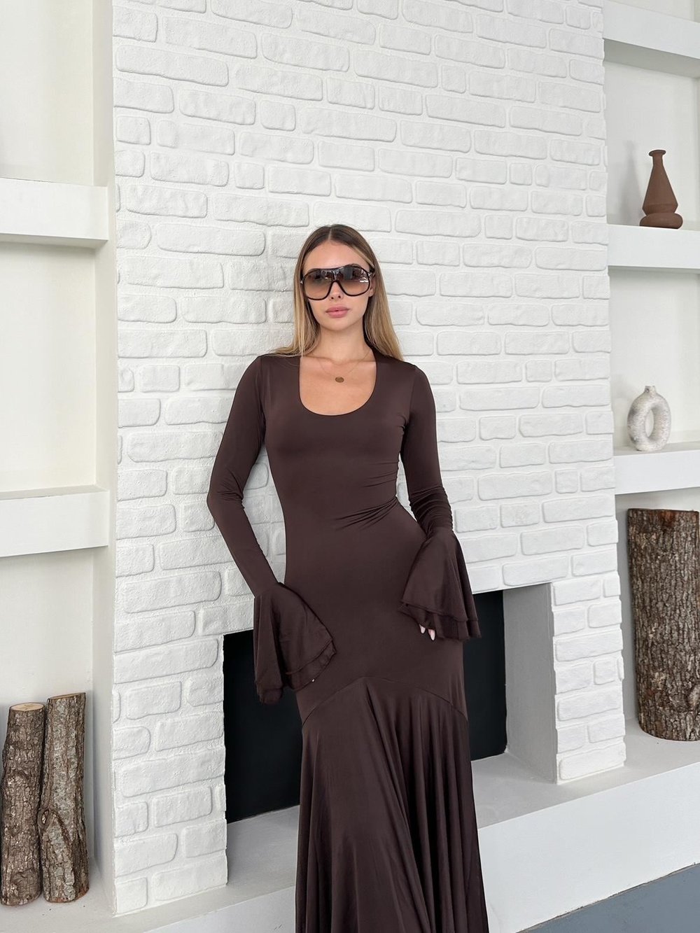 Kahverengi İspanyol Kol U Yaka Sandy Maxi Elbise