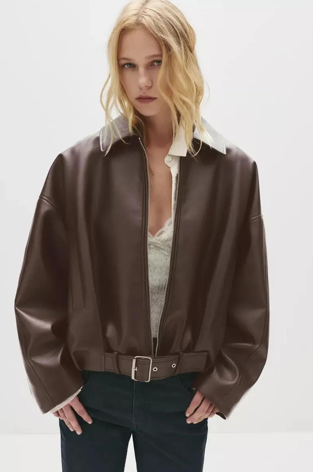 Kahverengi Oversize Kemerli Bomber Deri Ceket
