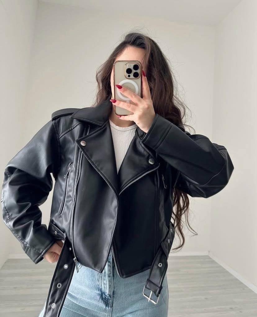 Kemerli Boyfriend Crop Deri Ceket