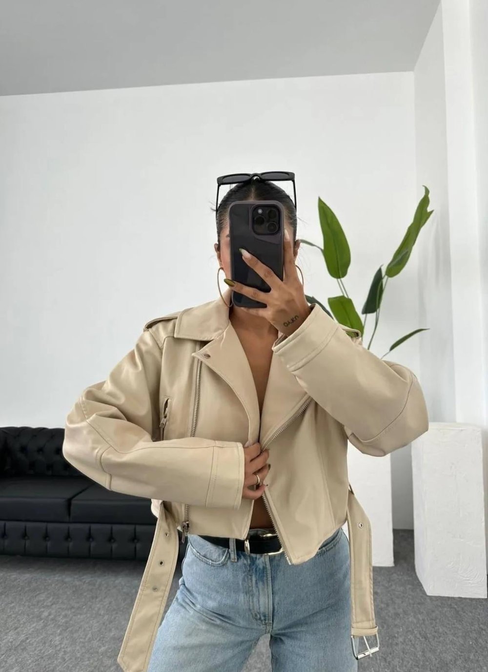 Krem Oversize Crop Deri Ceket