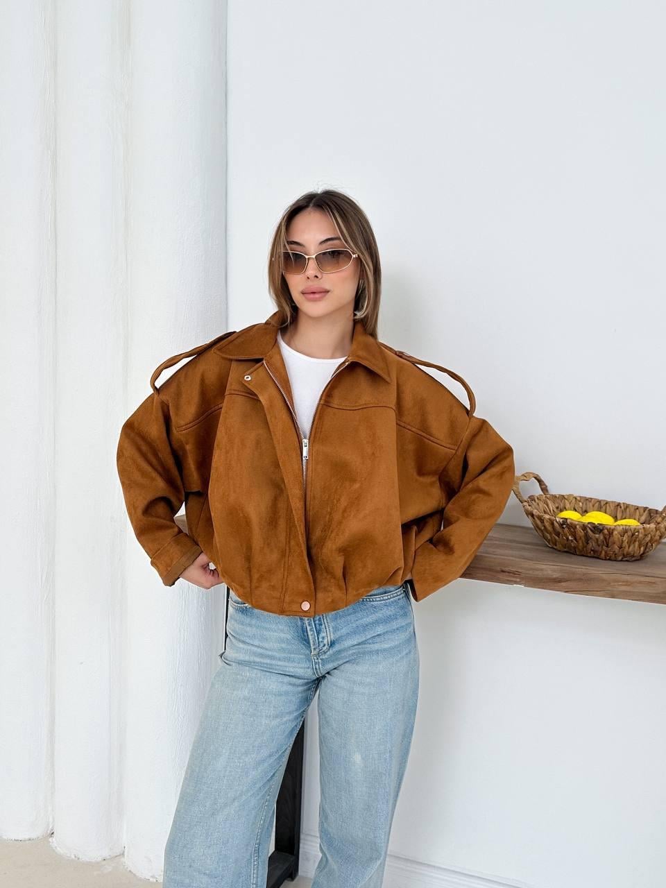 Krem Oversize Süet Bomber Ceket