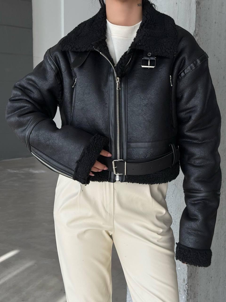 Kürklü Biker Crop Ceket Siyah