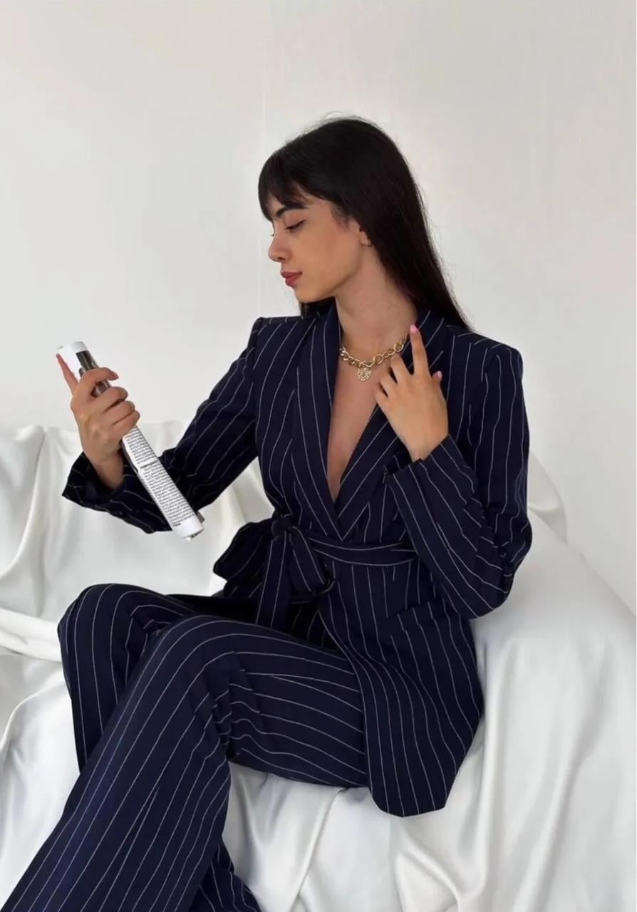 Lacivert Çizgili Kuşaklı Blazer Takım