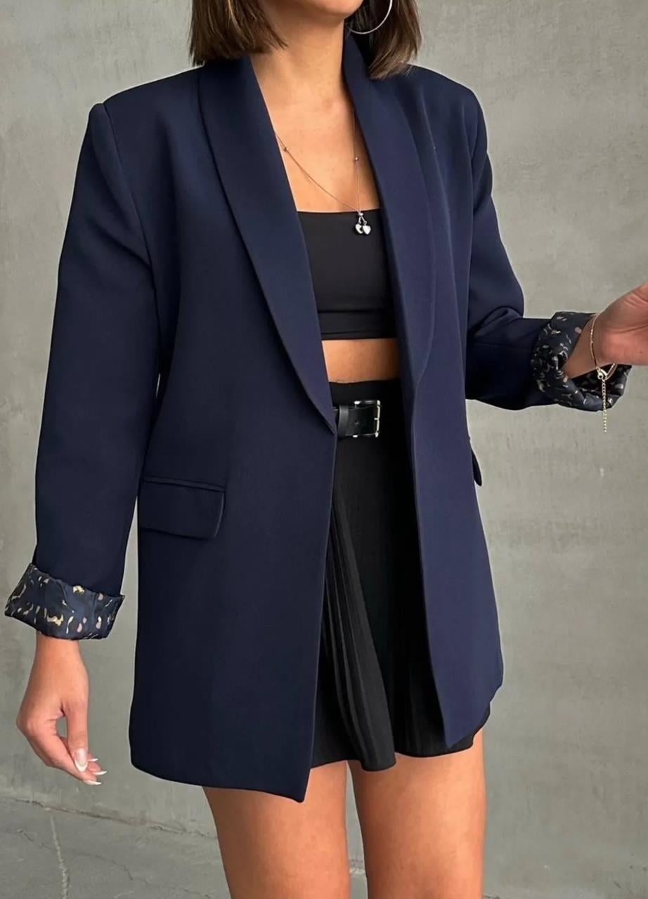 Lacivert Leopar Astarlı Blazer Ceket