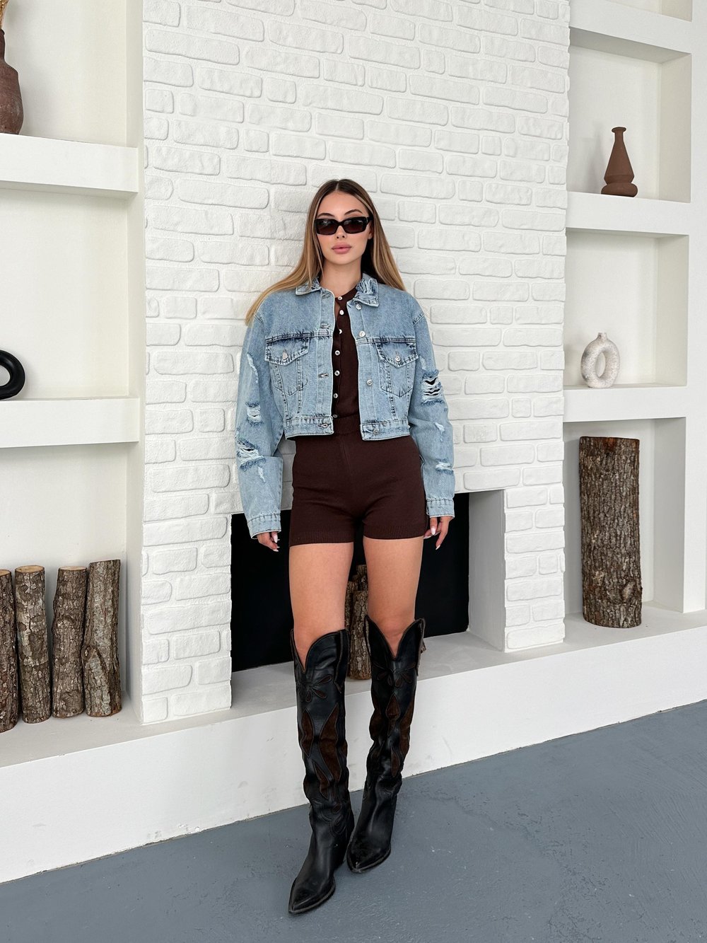 Mavi Yırtıklı Crop Denim Ceket