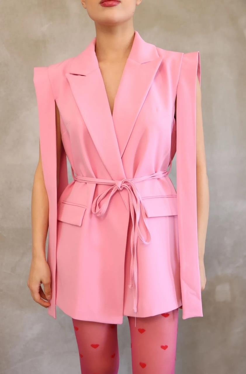 Pembe Bağlamalı Blazer Yelek