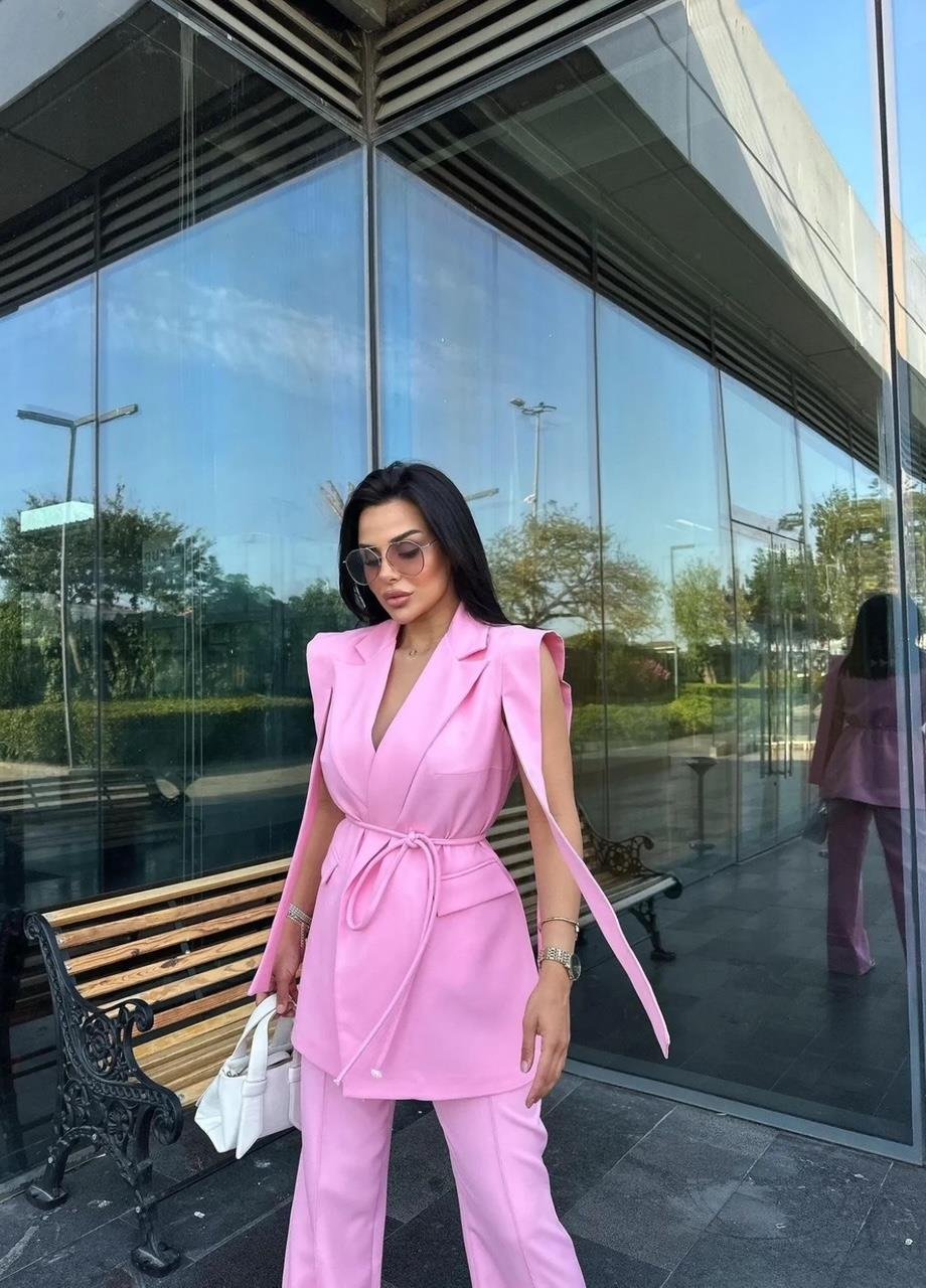 Pembe Bağlamalı Yelek Pantolon Blazer Takım